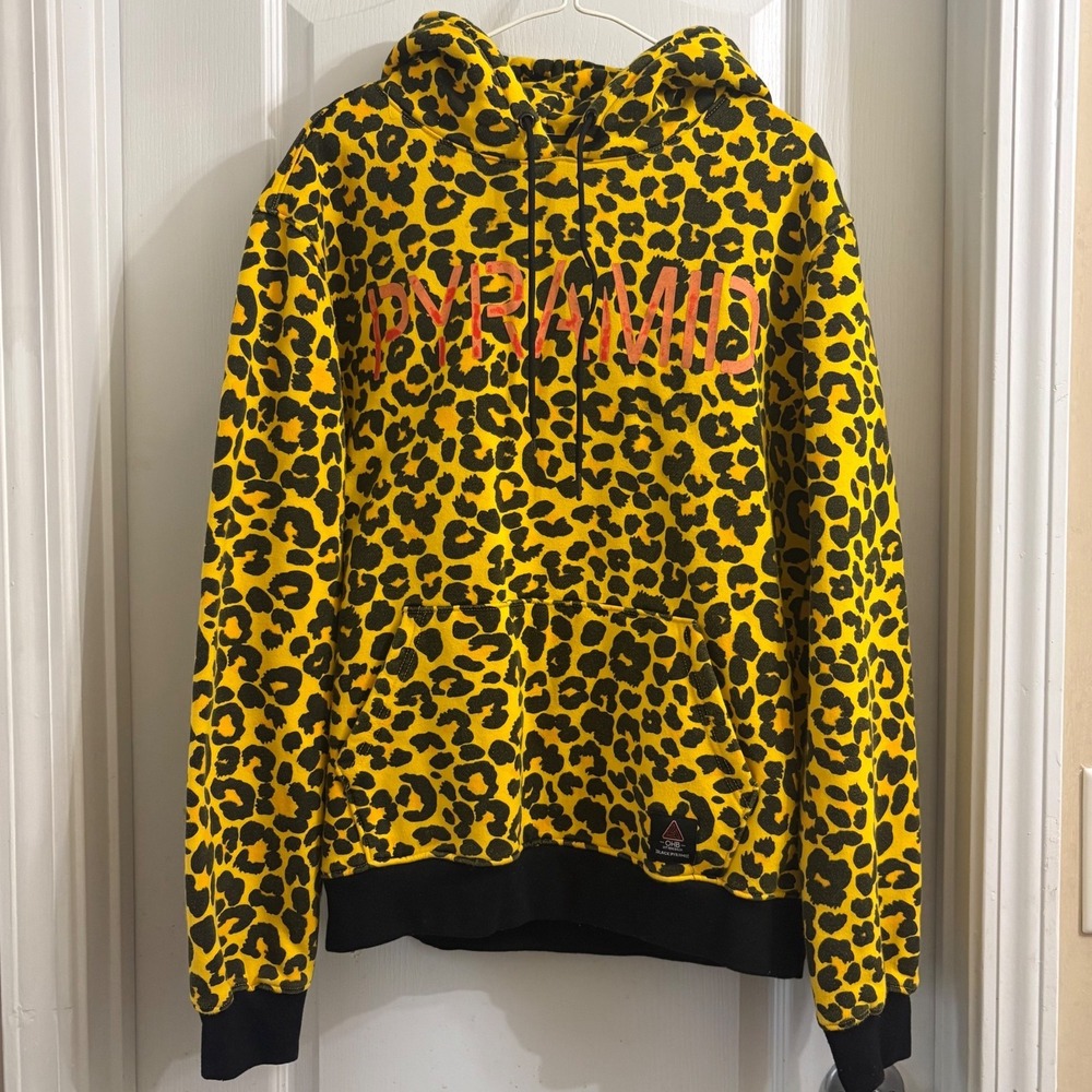 Y2K Black Pyramid Mens‎ Yellow Leopard Print Hoodie Sweatshirt Large Streetwear